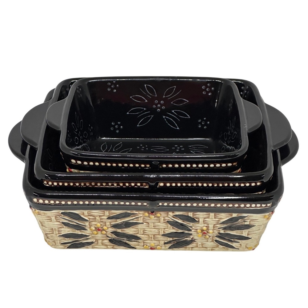 Temp-tations Baker Set Black Old World Basketweave Floral 3 Piece Bakeware